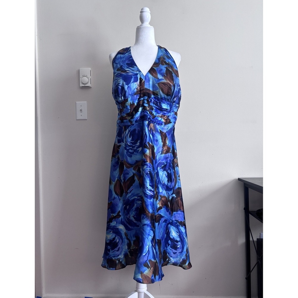 Vintage Y2K 100% SILK Robbie Bee Floral Dress Size 16 XL Blue Brown Lined Halter